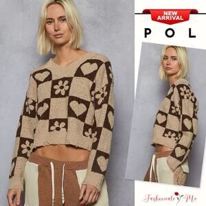 POL V-Neck Heart Pattern Raw Hem Oversized Checkered Pullover Sweater | Mocha